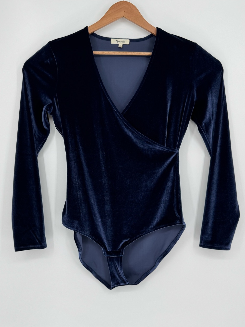 NWOT Madewell Wrap V-Neck Long Sleeve Navy Velvet Bodysuit Women’s Large